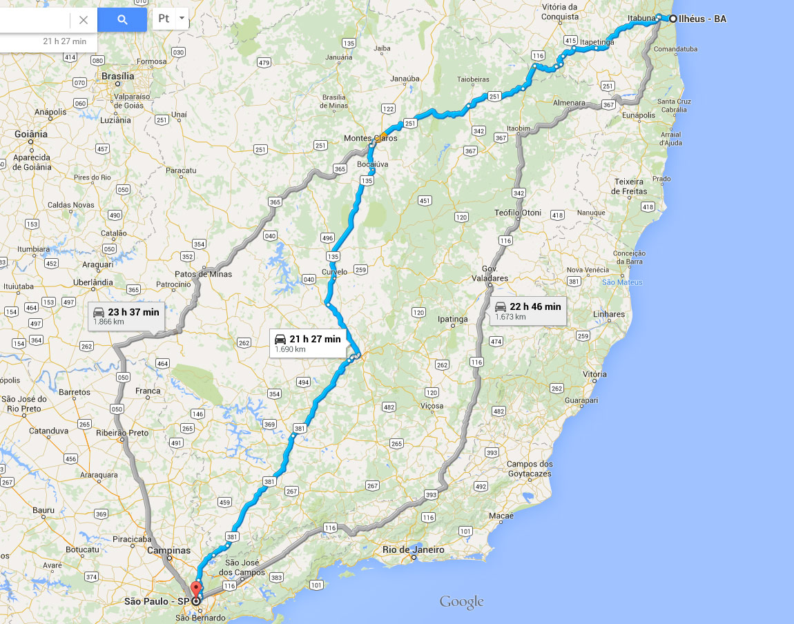 Route from Sao Paulo to Ilheus