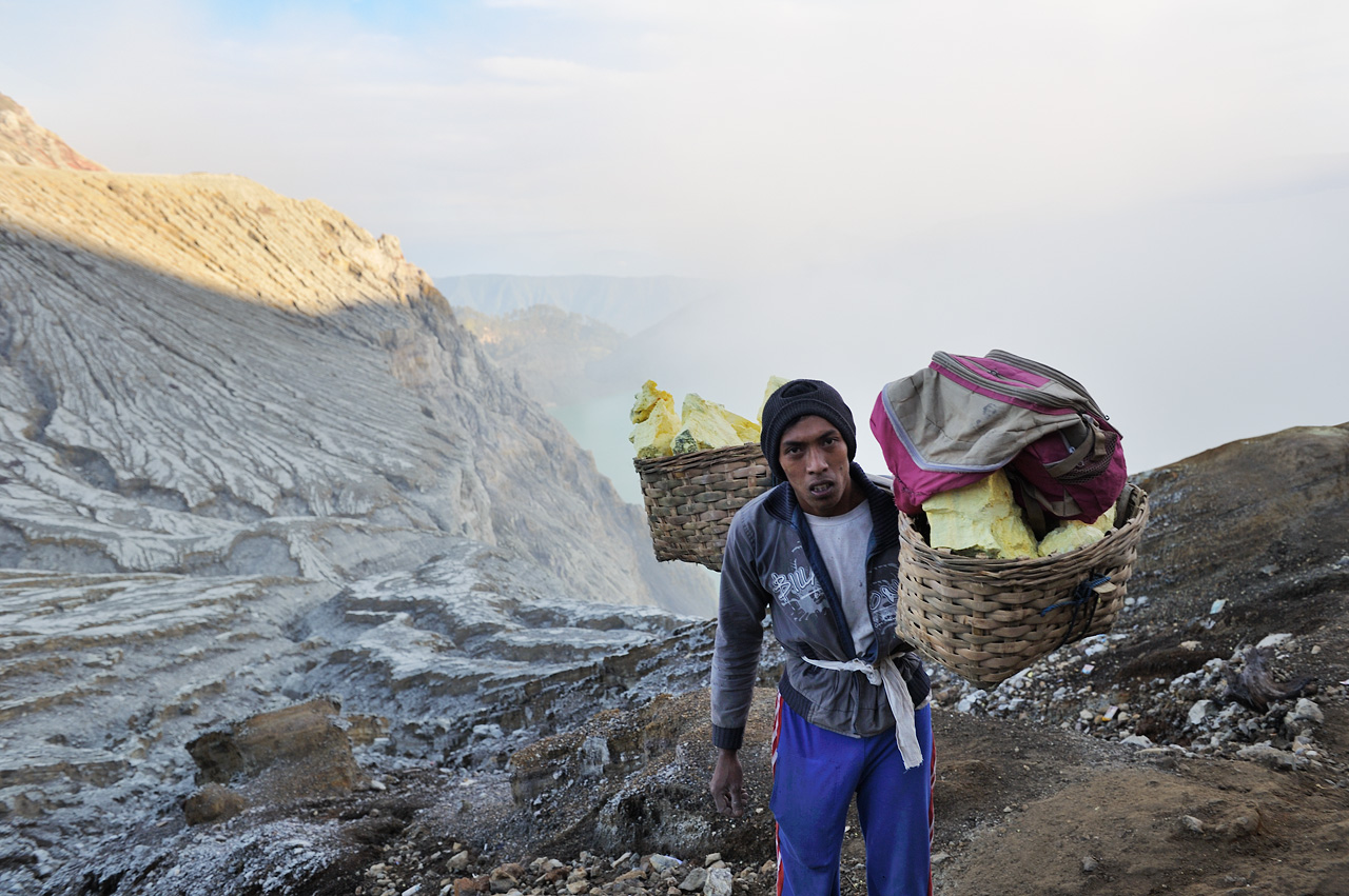 Sulfur carrier on Mount Ijen. The effort is written all over his face.